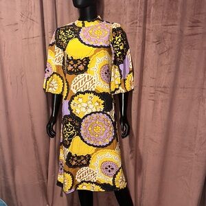 Anthropologie Yellow and Purple Floral Long Sleeve Dress